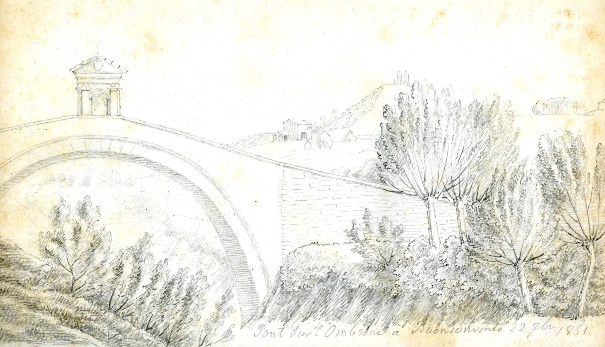Représentation d'un village dans les carnets de Joseph Koechlin-Schlumberger : Pont sur l'Ombrone