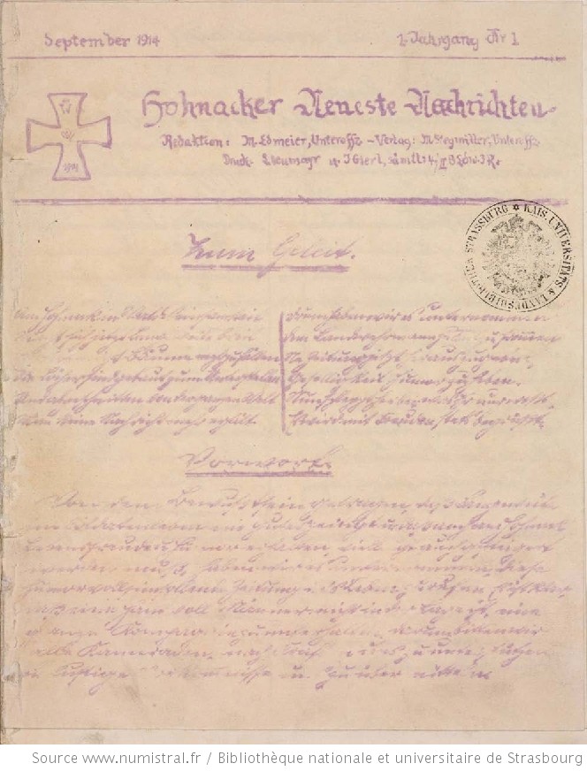 Une du Hohnacker neuest Nachrichten (Sep. 1914)