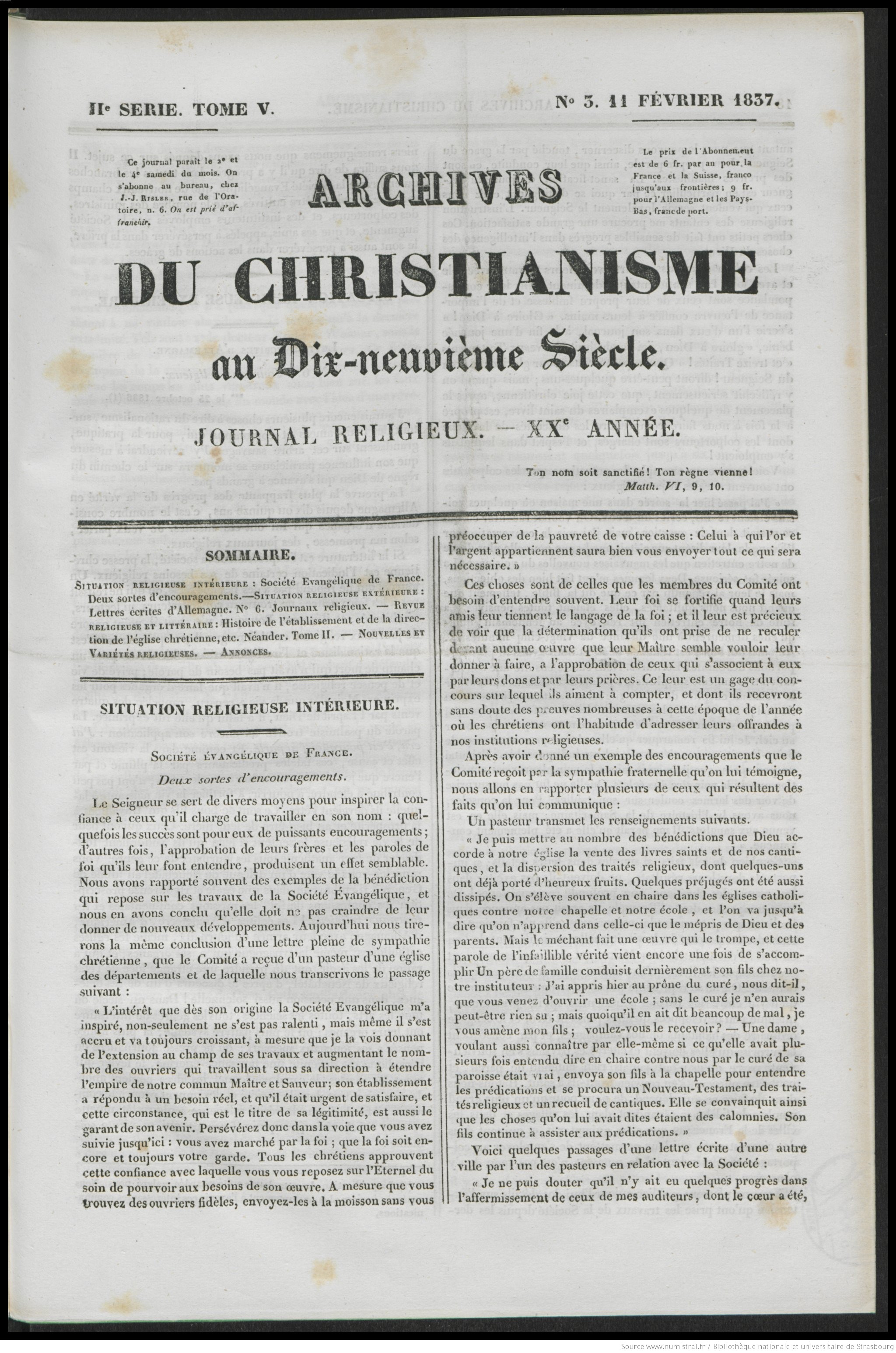 Archives du Christianisme, une du 11 fév 1837