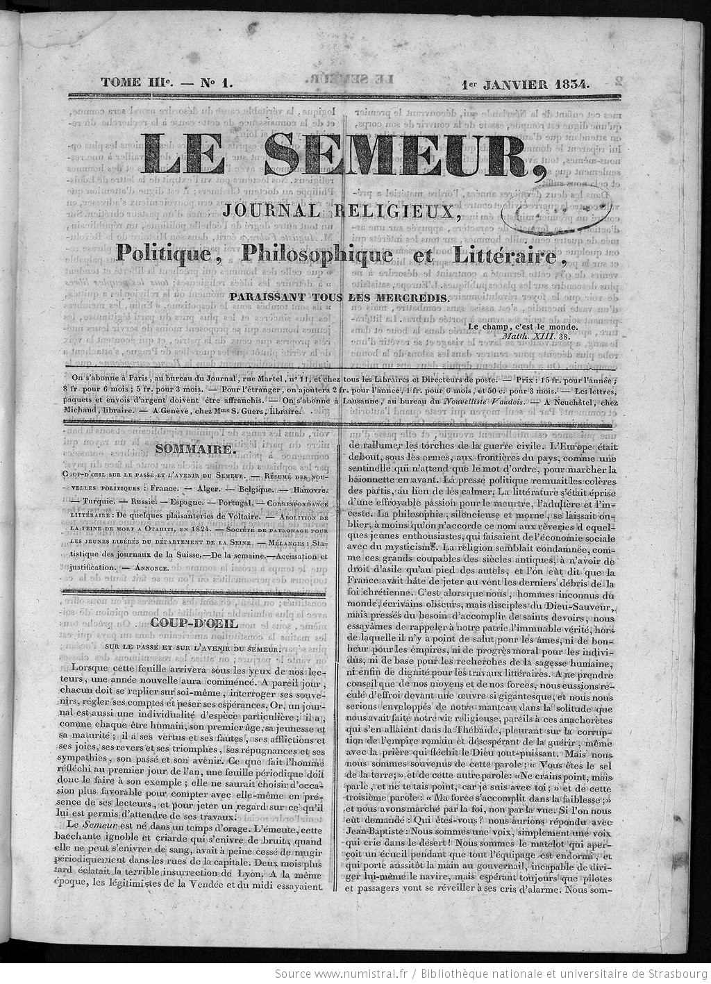 Le Semeur - une du 1er janv 1834