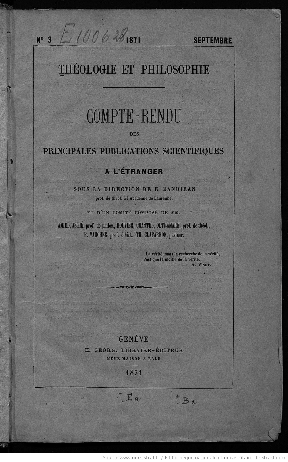 Théologie et philosophie - septembre 1871