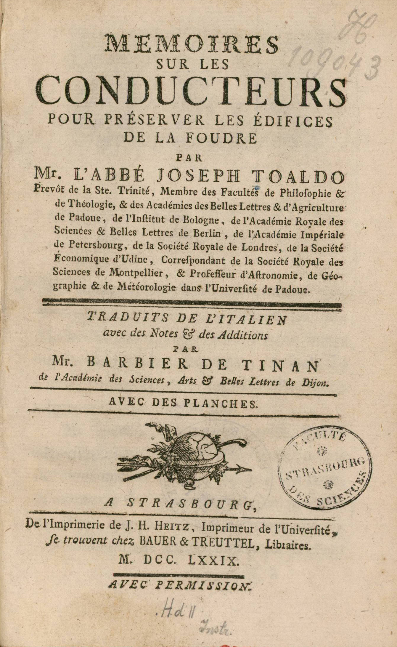 Page de titre d'une édition strasbourgeoise de Mémoires sur les conducteurs par Toaldo