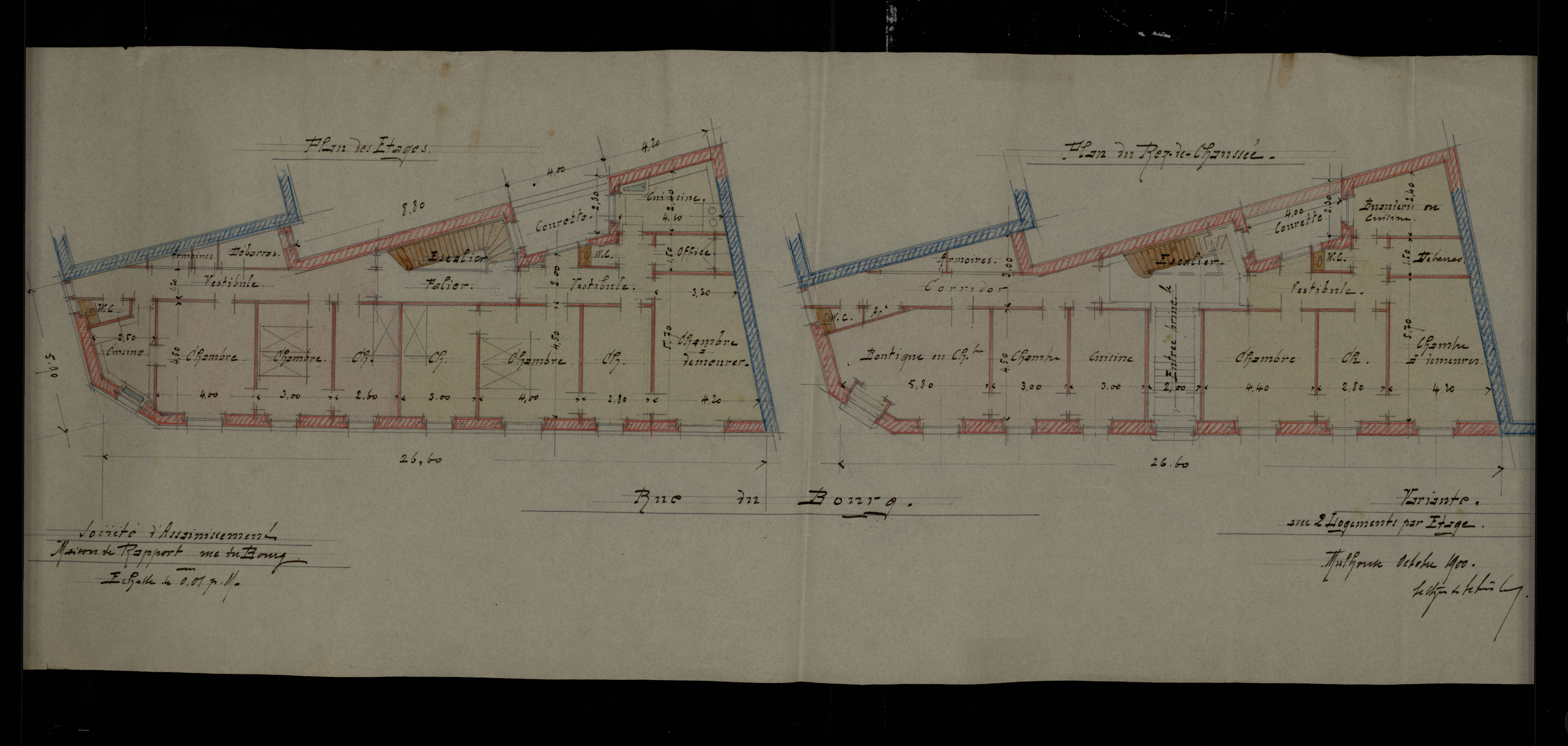Rue du Bourg, Société d'Assainissement, variante d'agencement avec deux logements, plan de relevé Seltzer et Schulé