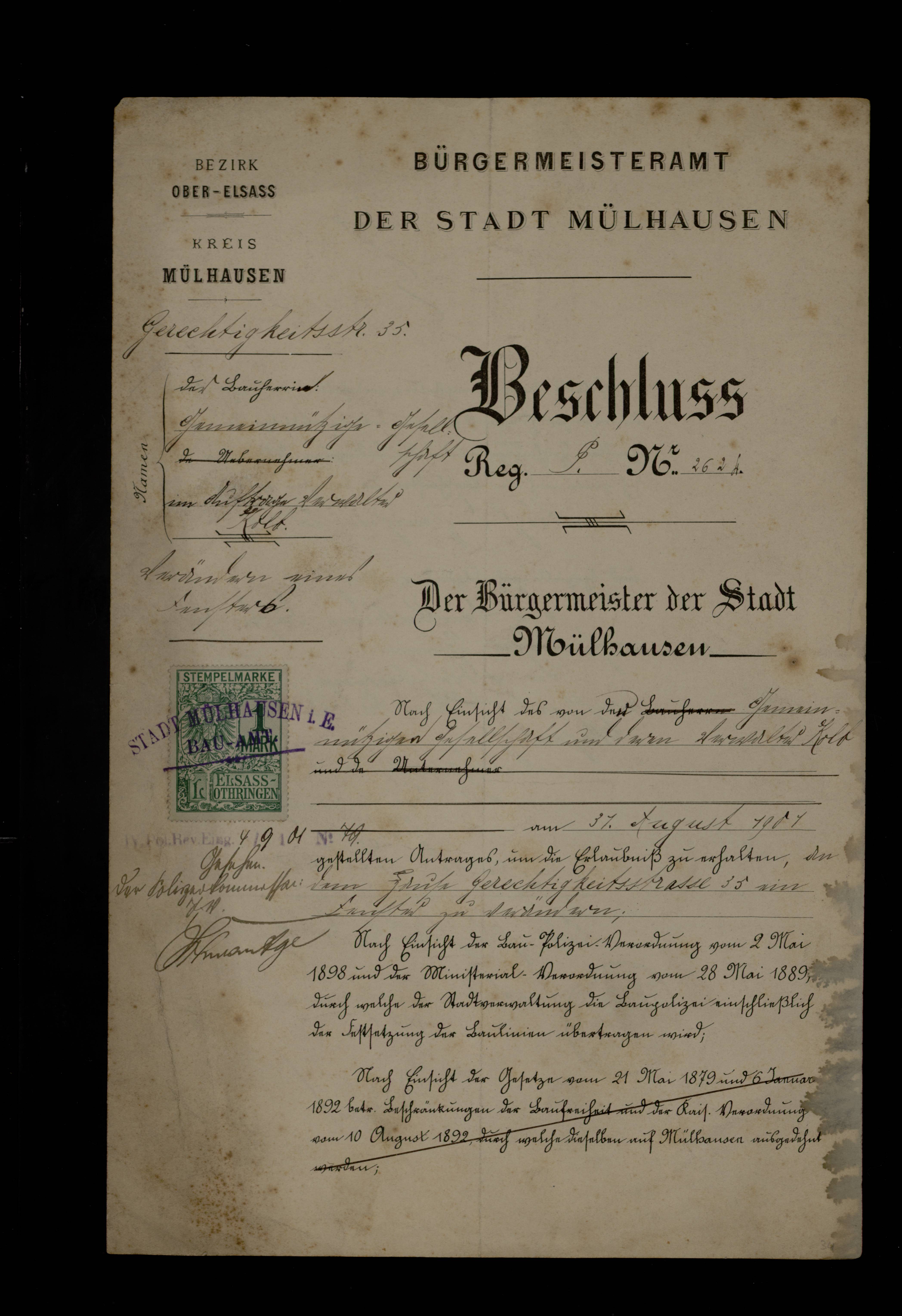 N°35 rue de la Justice, arrêté d'alignement n°262 A, 31 août 1901