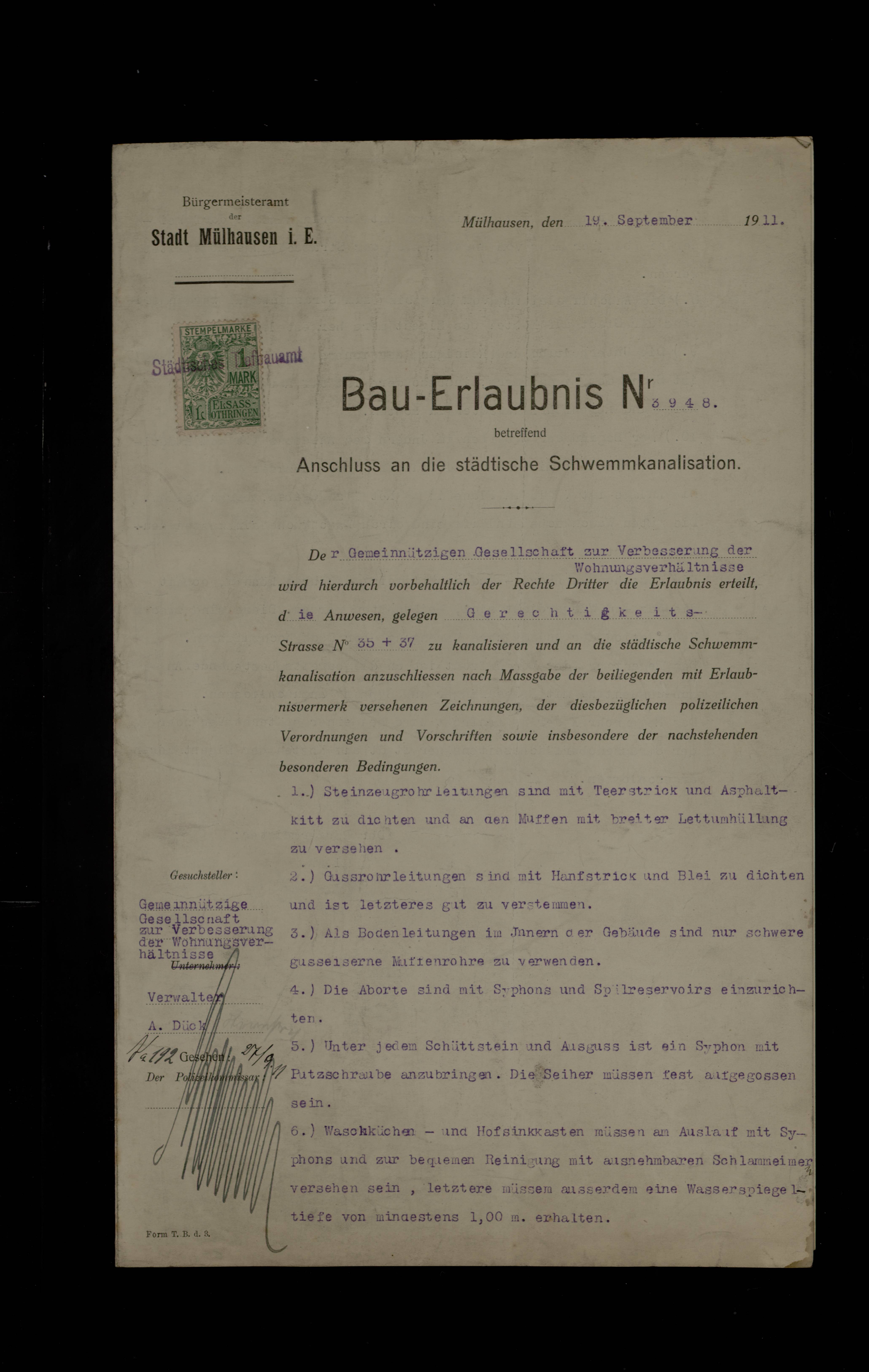 Rue de la Justice, raccordement au réseau d'égouts flottants, permis de construire n°3948, 19 septembre 1911
