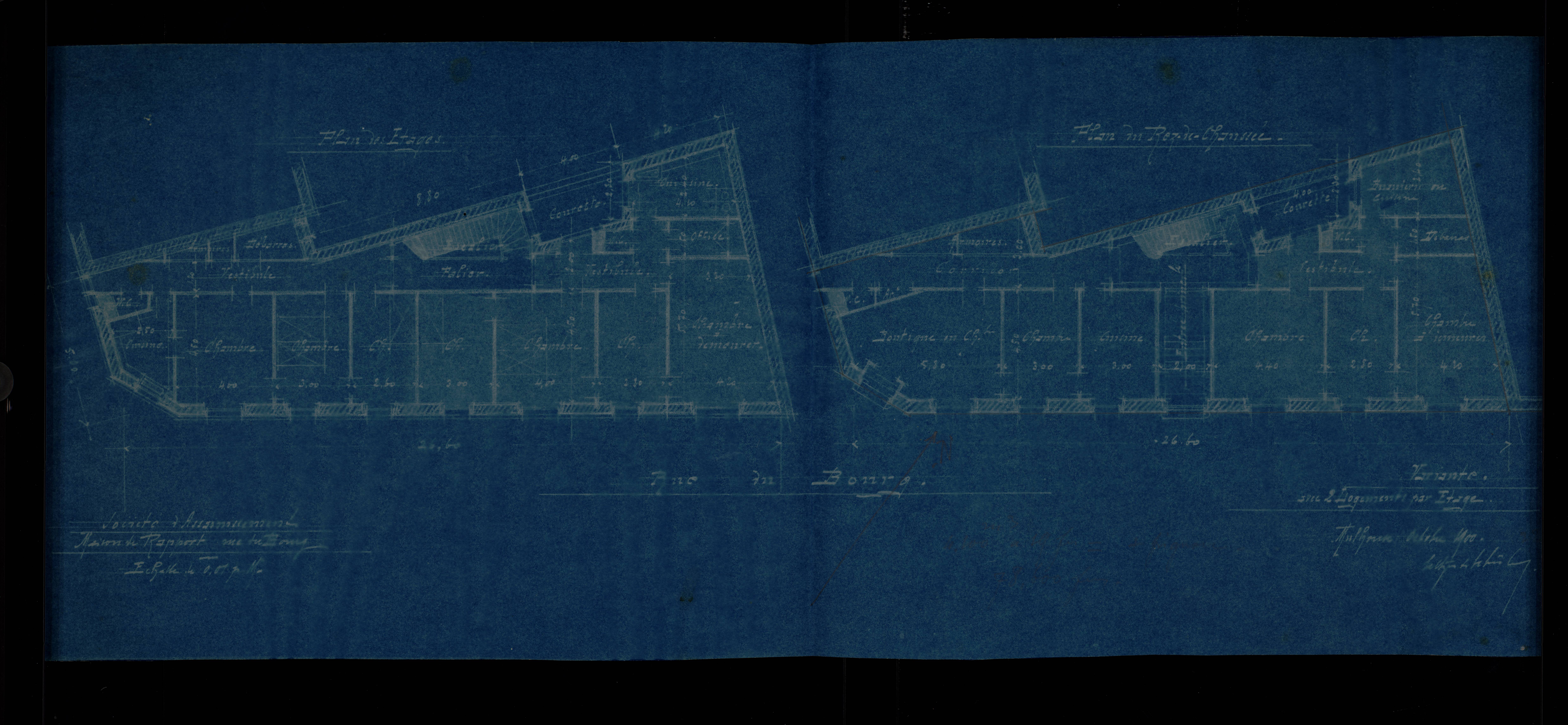 Rue du Bourg, variante de deux logements par étage, plan de relevé Seltzer et Schulé, octobre 1900