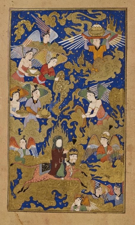 Mohammad sur sa monture Borâq, entouré par des anges, accomplit son voyage nocturne « Isrâʻ » entre la Mecque et Jérusalem, suivi de son ascension (Meʻrâj) aux cieux d’après la Sourate XVII du Coran. Le moraqqaʻ de la BNU, MS.4.322