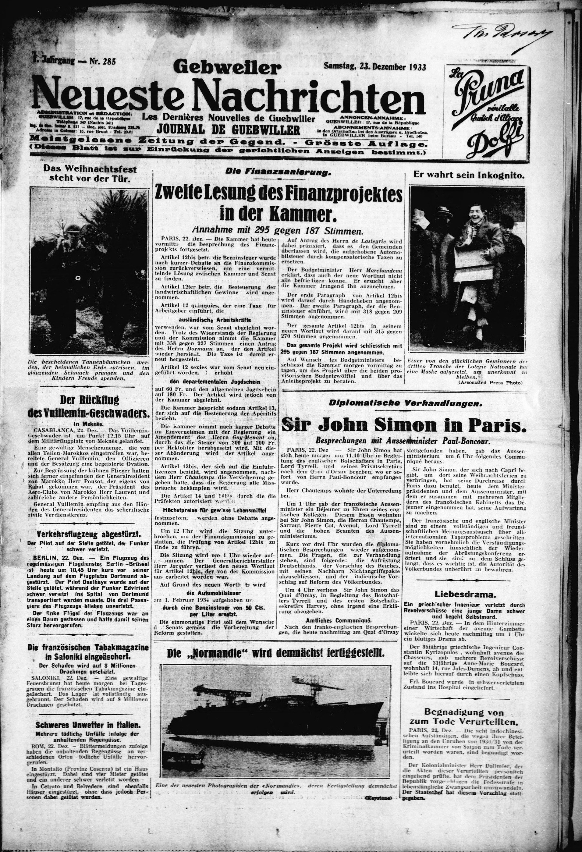 Une du 23 décembre 1933 des Dernières nouvelles de Guebwiller