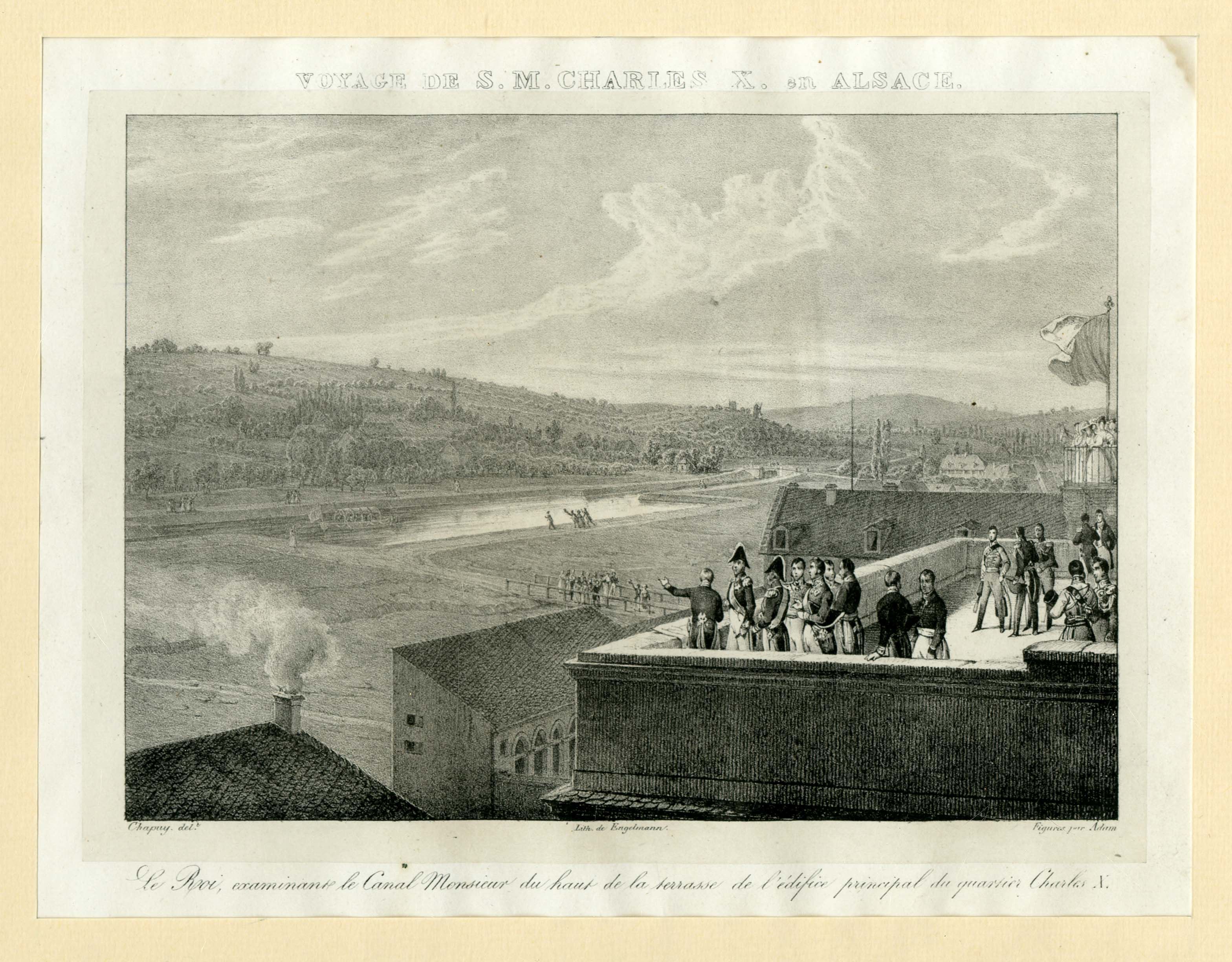 « Le Roi, examinant le Canal Monsieur du haut de la terrasse de l’édifice principal du quartier Charles X »