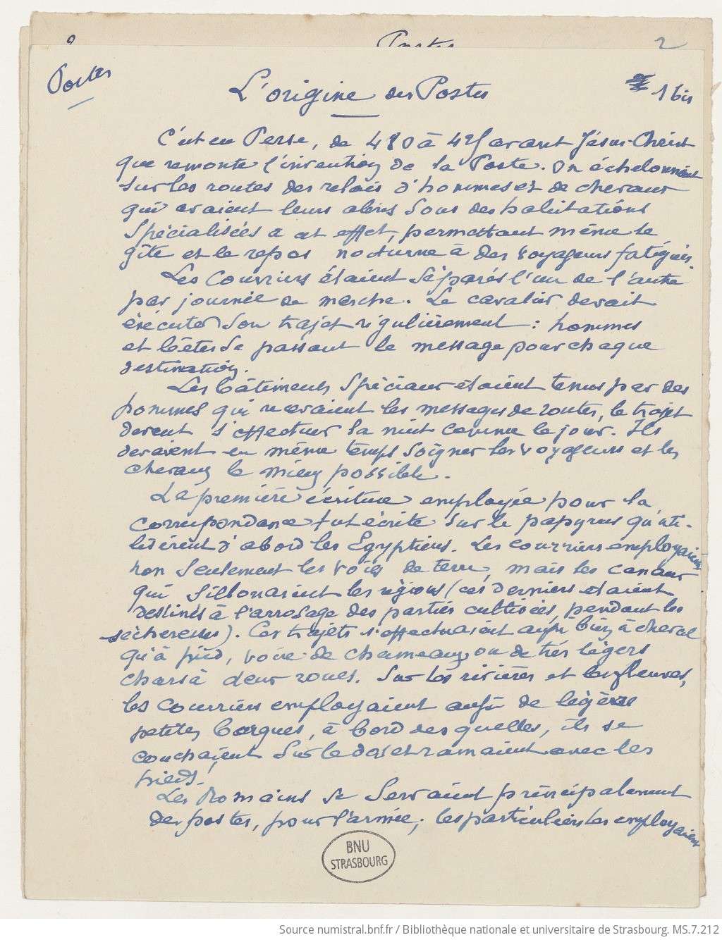 La Poste et ses origines jusqu'à nos jours, manuscrit de Paul Kauffmann 