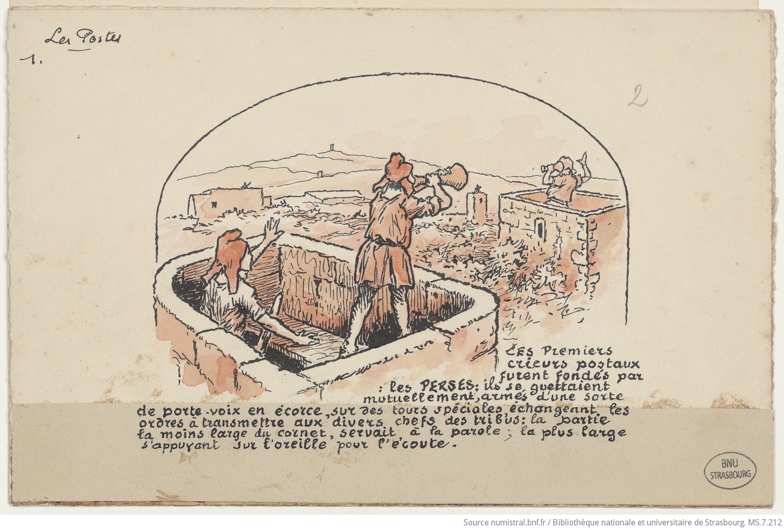 La Poste et ses origines jusqu'à nos jours, manuscrit de Paul Kauffmann, p.1r 