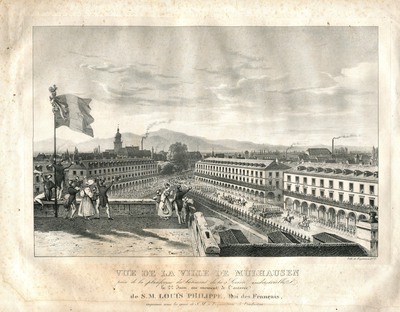 Nicolas Chapuy, (1790-1858), Jacques Rothmüller (1804-1862) « Vue de la ville de Mulhausen prise de la plateforme du bâtiment de la Société industrielle. »